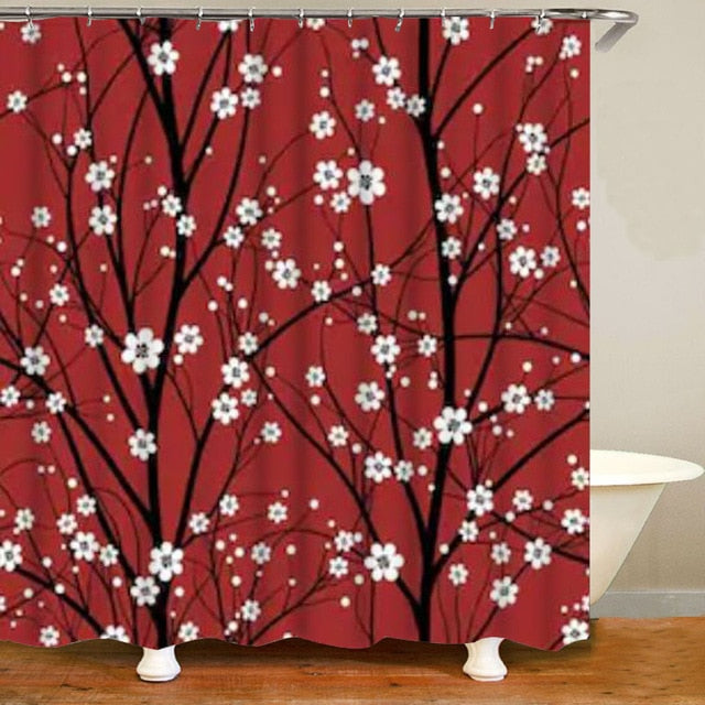 Bathroom Accessories Set Cherry Blossom Pink Black Shower Curtain